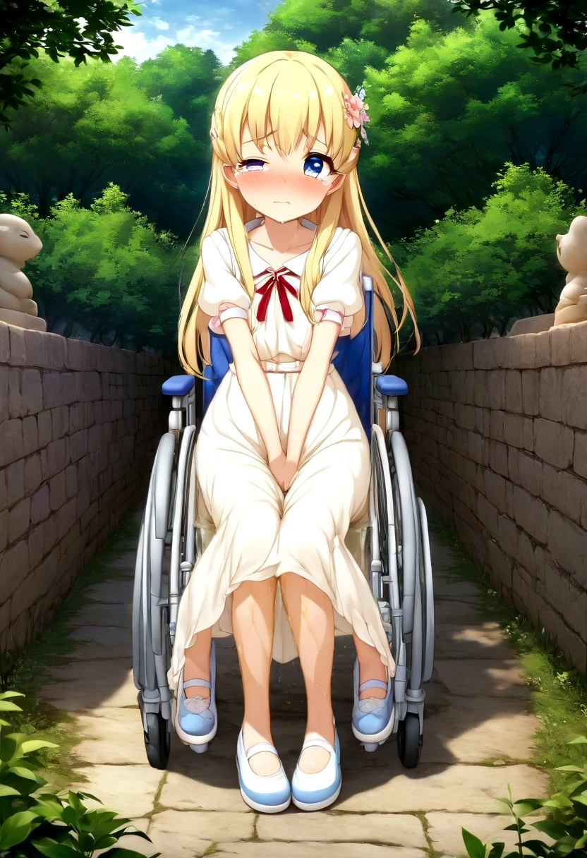 Anime. 1 girl. Baby. Princess. Blonde. Long hair. Blue eyes. Beautiful eyes. Perfect eyes. Expressive eyes. Eyes covered with a faded film. Blind eyes. Blind. Ideal face. Ideal anatomical body. Beautiful long legs. Beautiful body. Beautiful nose. 12 years old. Embarrassment. Blush. Beautiful character design. Shiny skin. Light white dress. Shoes. Hair decorations. Disabled person. Paralytic. Sitting. Wheelchair. Hands on crotch. Urinary incontinence. Wants to pee. She needs to pee. She has a strong, desperate urge to pee. He squeezes his crotch tightly. Rubs copper. Slight lean forward. She peed herself. Fantasy city. A park. Date. He takes off his wet panties. Tears in my eyes. Cry. Snot flows from the nose. Full body. nsfw. Official art. Extremely detailed CG Unity 8k wallpaper. Ideal lighting. Ultra high resolution 4K. Super detailed 8K. A high resolution.