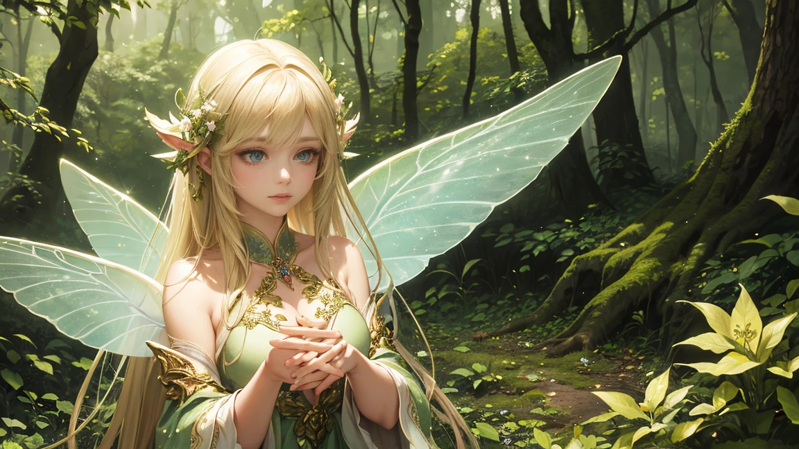 ( Absurd, high quality, Super detailed, masterpiece, Concept Art, Smooth, Highly detailed artwork, Hyperrealistic painting ) ,A close-up of a beautiful fairy sitting on a moss-covered log in an enchanting forest. She has long, flowing blonde hair adorned with white flowers, and delicate green wings that shimmer in the sunlight. She is wearing an elegant green dress that complements her ethereal appearance. The background is a softly lit forest with dappled sunlight filtering through the trees, creating a magical and serene atmosphere. The focus is primarily on the fairy, capturing her serene expression and intricate details of her attire and wings, with the forest providing a subtle and harmonious backdrop.