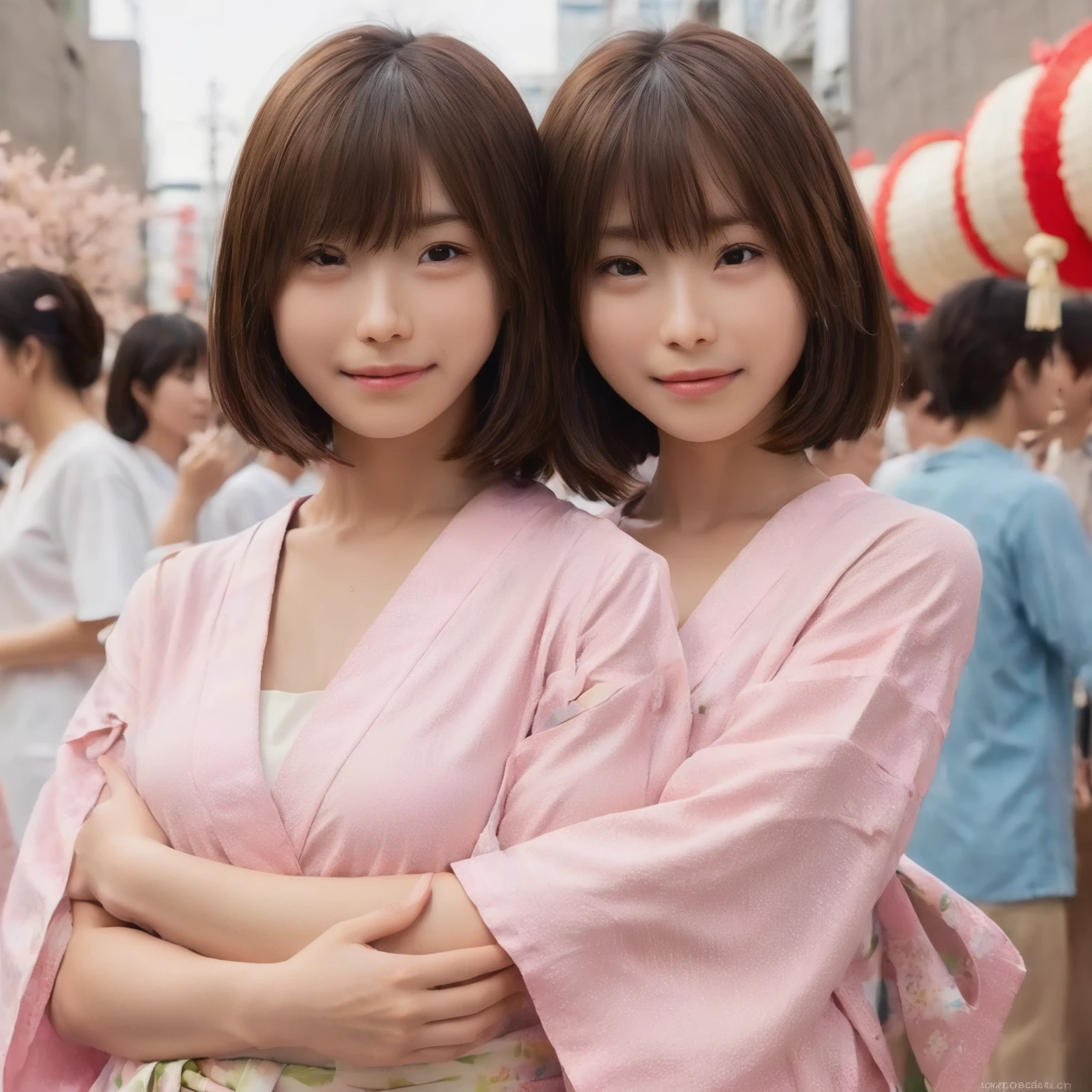 japanese 2 girls, they are twins of same tall,standing at the Tanabata festival venue, (wearing a japanese pink yukata:2),(photoshoot style, shooting from front, upper knee statue, body facing forward), 26 years old, (toned body type:1.2, tall height 5.35 feet), (small breast :1.2, hemispherical udder silhouette:1.2), little smiling, perorbital swelling, brown fluffy and wavy short-cut hair, natural bangs, detailed brown eyes, detailed finger, suppin, no make, (photorealsitic:1.4), (high-resolution details of human skin texture:1.2, rough skin:1.2, Uneven skin tone:1.6, skin texture must be natural:1.1), top-quality, ​masterpiece, high resolution, raw photo, natural soft light, professional lighting