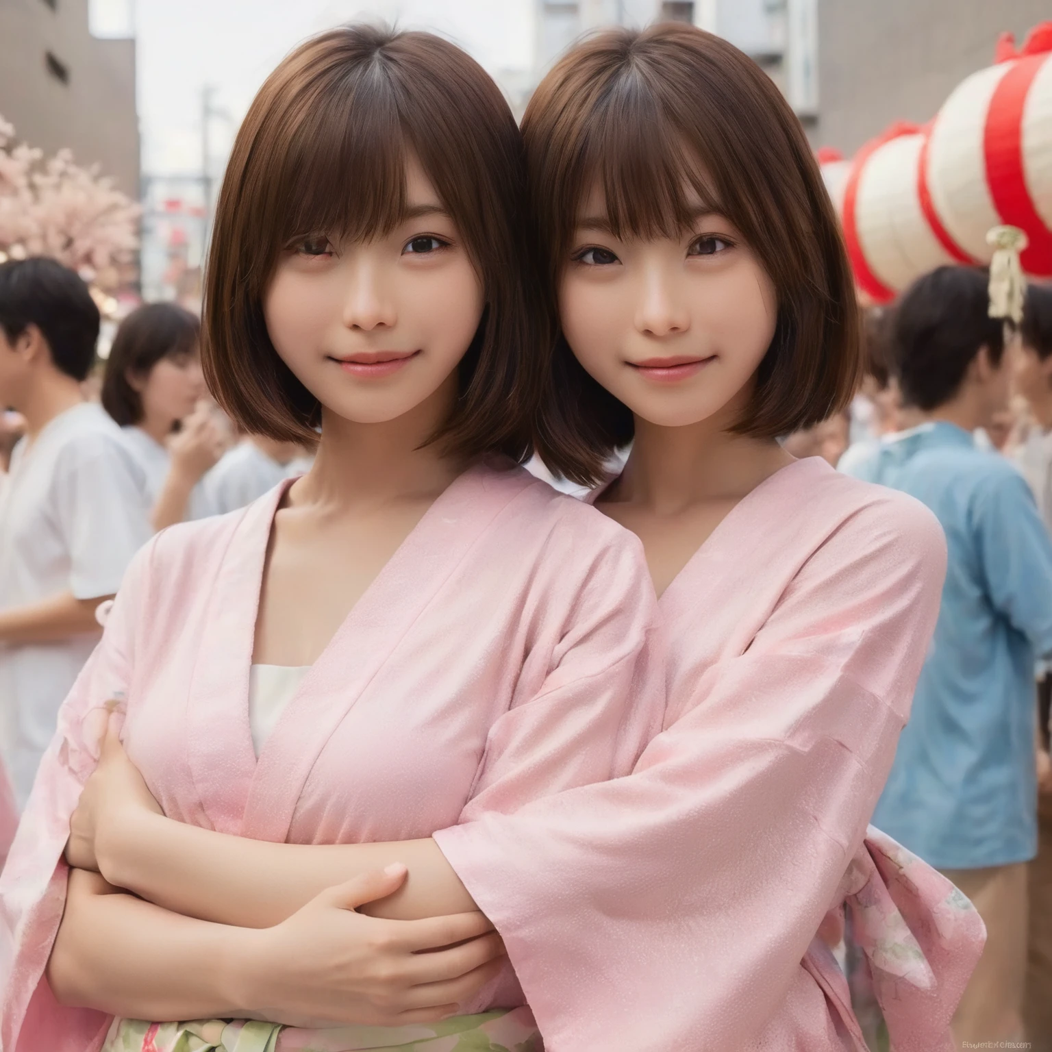 japanese 2 girls, they are twins of same tall,standing at the Tanabata festival venue, (wearing a japanese pink yukata:2),(photoshoot style, shooting from front, upper knee statue, body facing forward), 26 years old, (toned body type:1.2, tall height 5.35 feet), (small breast :1.2, hemispherical udder silhouette:1.2), little smiling, perorbital swelling, brown fluffy and wavy short-cut hair, natural bangs, detailed brown eyes, detailed finger, suppin, no make, (photorealsitic:1.4), (high-resolution details of human skin texture:1.2, rough skin:1.2, Uneven skin tone:1.6, skin texture must be natural:1.1), top-quality, ​masterpiece, high resolution, raw photo, natural soft light, professional lighting