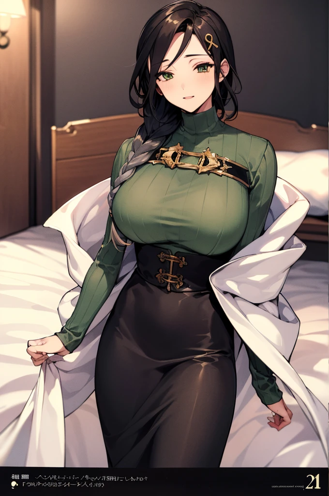 masterpiece, best quality, highres, st1, green sweater, braid, hair ornament, black skirt, large , long skirt, shawl , on bed,