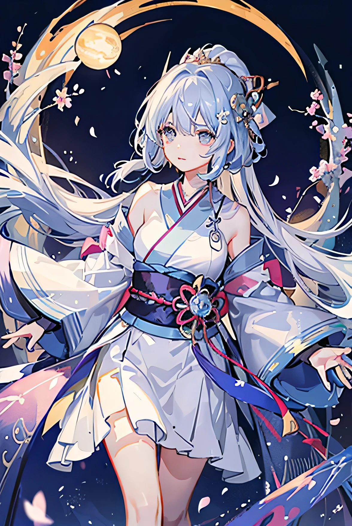 Crystal clear light blue hair、Her hair is gradated and white from the hairline to the middle.、Hair length is up to the knees、A gorgeous light blue kimono、Carrying two swords、The hair ornament is glittering gold.、Silver hair ornament、Cherry blossom petals are waiting in the background、night、full moon、white dragon、lake、She has big breasts、Adult face、