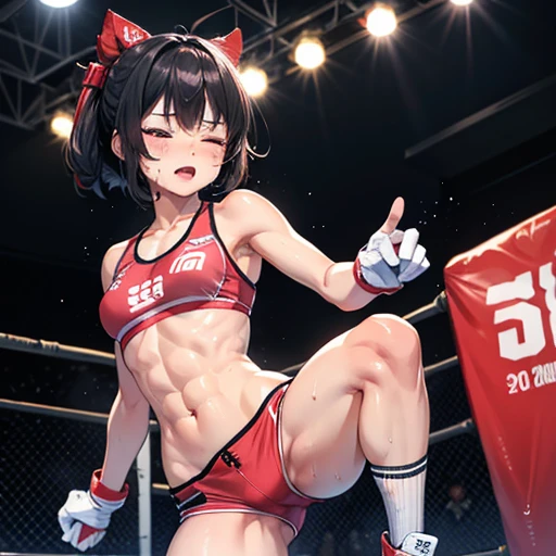 Injured Japanese female high school mixed martial artist during a match in the ring。After the downfall、Trying to stand up on hands and knees。Short black hair。A regretful look。One eye closed。Out of breath。Drooling from the mouth。Drenched in sweat。A well-trained body。Six Pack Abs。Small breasts。Erect nipples。Pink sports bra and bikini shorts on white。Open Finger Gloves。