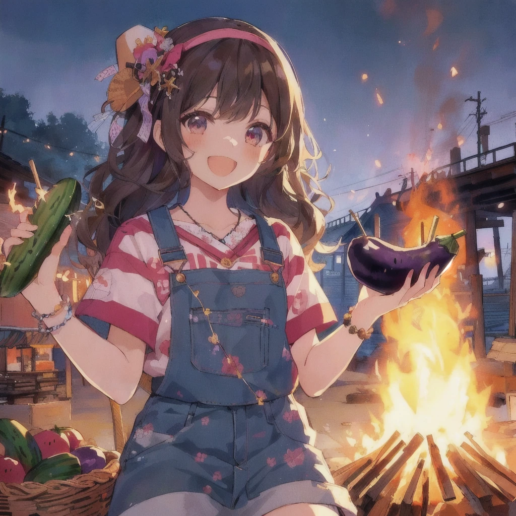Anime girl in a hat holding pickles and eggplant on a wooden stick, smile,bonfire in the back,I also make fan art, 80s anime style, Splash art anime , high detailed Official Artwork, by Kamaguruka, Showa Town, Official Art, Cute girl anime visuals, the material is!!! watermelon!!!, ❤🔥🍄🌪, everyone, Official Anime Artwork