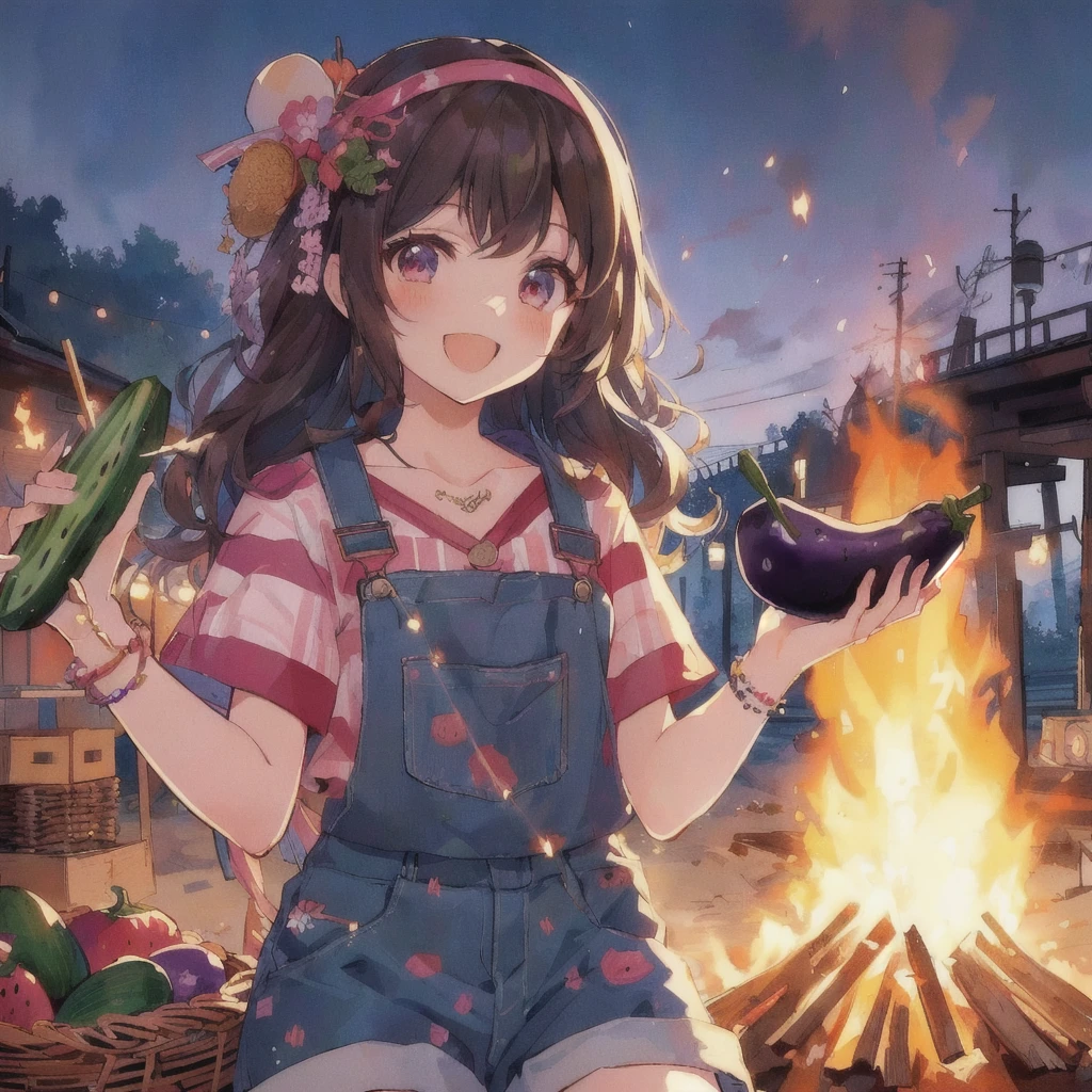 Anime girl in a hat holding pickles and eggplant on a wooden stick, smile,bonfire in the back,I also make fan art, 80s anime style, Splash art anime , high detailed Official Artwork, by Kamaguruka, Showa Town, Official Art, Cute girl anime visuals, the material is!!! watermelon!!!, ❤🔥🍄🌪, everyone, Official Anime Artwork
