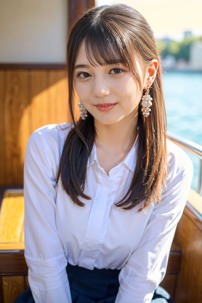 (8K、RAW Photos、Highest quality、masterpiece:1.2)、(Realistic、Realistic)、1 Girl、((ショートヘア、Looking into the camera:1.4))、Hair blowing in the wind,Blue Eyed Woman、A woman with a cute upward gaze、The sky darkens、The sun goes down、The sky turns red、Tight clothing that shows your body lines、The collar of his shirt is obscenely open、Gorgeous white collared silk shirt、mini skirt、High quality genuine leather strap、Elegant attire、Luxury Bags、((Semi-long hair:1.4))、Skyscraseen across the sea、Manhattan,sland is visible offshore、Woman on a sightseeing boat、Side Ponytail、The sun shines on her、No sleeve、Light brown hair、Light brown hair、The sky was dyed red、There are clouds、It's cute、An elegantly dressed woman is sitting on a boat and watching the sunset、Her huge breasts are obvin through her clothes...、輝く太陽はとてもbeautiful、Dusk is approaching、Lens flare、I can see the sun setting、((Sunlight reflecting off the ocean、Ocean View、The sun shines on the sea、beautiful.、Small earrings、evening、bird、Brown Hair Color、Tying up hair、The woman is on the right:1.4))、Luxury Leather Belts、Shiny clothes、Light beige hair color、Background Blur、Braid only the front hair、Light brown hair、{{Cowgirl Shot}}、((Close-up shot from the waist up、Big Breasts:1.4))、Big Bsmile、Silk clothinig Breasts、Braid only the front hair、Cowboy Shotus white collared silk shirtと茶色のスカート、Elegant attireを、Luxury Bags、なsmile、((Airplane in the background、I'Coming to the airport))、Full body photo、ring、Short skirt、Tuck your hair behind one ear、Silver Necklace、smile、 Elegant ponytail、Caustics、Highly detailed photos、Very beautiful and ideal、Big Breasts、Super no makeup、