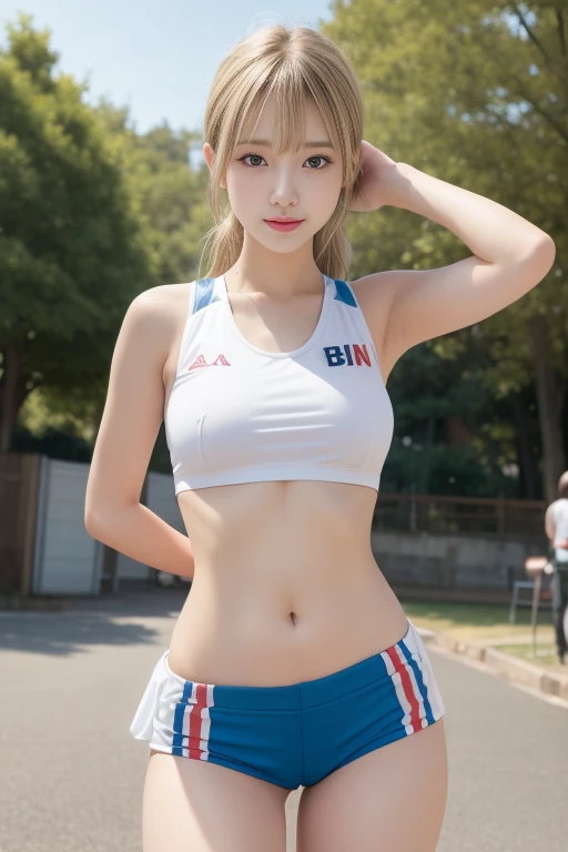Unity 8K Wallpaper, Masterpiece, Best Quality, Ultra Detailed, Extremely Detailed CG, Ultra High Resolution, Caustics, Detailed, Beautiful Detailed Eyes, solo, woman, athletics stadium, (blonde hair, arms behind back, smile, double bun:1.3, cowboy shot, Sweat, running trunks:1.3, track and field athlete:1.3), dynamic pose
