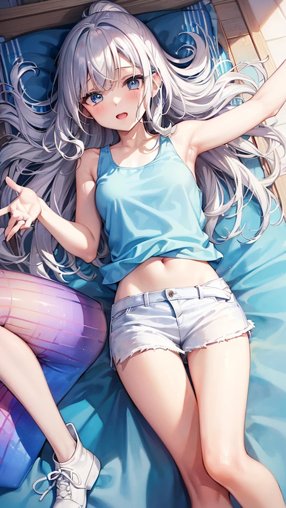 best quality,absurdres,(1 lady:1.3),ecstatic expression, overjoyed,,(watercolor,tegaki:1.4),(soft pastel colors:1.3),(platinum hair:1.3),folded ponytail,( blue eyes:1.1),hair over one eye,BREAK,,(rainbow pastel white color palette:1.3),(pastel rainbow tank top:1.4),(white denim skirt:1.3),(music score:1.1),(spread one's arms:1.3)、(waltercolor:1.3)、kawaii、rough toutch、Detailed expression、(Teenage Girls、Beautiful eyes、Blue Eyes、Gray Hair、Curly Hair、slender、Small breasts、 legs、Inner thighs、Beautiful Skin、Perfect fingertips、8 heads、look away、during、Lolicon)