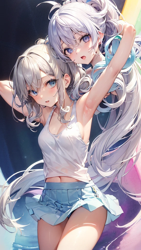 best quality,absurdres,(1 lady:1.3),ecstatic expression, overjoyed,,(watercolor,tegaki:1.4),(soft pastel colors:1.3),(platinum hair:1.3),folded ponytail,( blue eyes:1.1),hair over one eye,BREAK,,(rainbow pastel white color palette:1.3),(pastel rainbow tank top:1.4),(white denim skirt:1.3),(music score:1.1),(spread one's arms:1.3)、(waltercolor:1.3)、kawaii、rough toutch、Detailed expression、(Teenage Girls、Beautiful eyes、Blue Eyes、Gray Hair、Curly Hair、slender、Small breasts、 legs、Inner thighs、Beautiful Skin、Perfect fingertips、8 heads、look away、during、Lolicon)