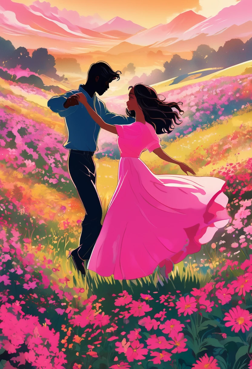 a black silhouette of a couple dancing in the middle of a pink flower meadow, romantic atmosphere, beautiful detailed couple, vivid colors, lush floral landscape, dramatic lighting, manga style, digital art, by Marshall Arisman, cover illustration, 70mm, 7 0 mm, 70 mm, book cover illustration, by Brigette Barrager, album cover, novel cover art for a book, art concept for a book cover, cover art, 7 feet tall,