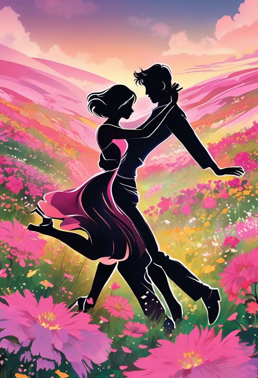 a black silhouette of a couple dancing in the middle of a pink flower meadow, romantic atmosphere, beautiful detailed couple, vivid colors, lush floral landscape, dramatic lighting, manga style, digital art, by Marshall Arisman, cover illustration, 70mm, 7 0 mm, 70 mm, book cover illustration, by Brigette Barrager, album cover, novel cover art for a book, art concept for a book cover, cover art, 7 feet tall,