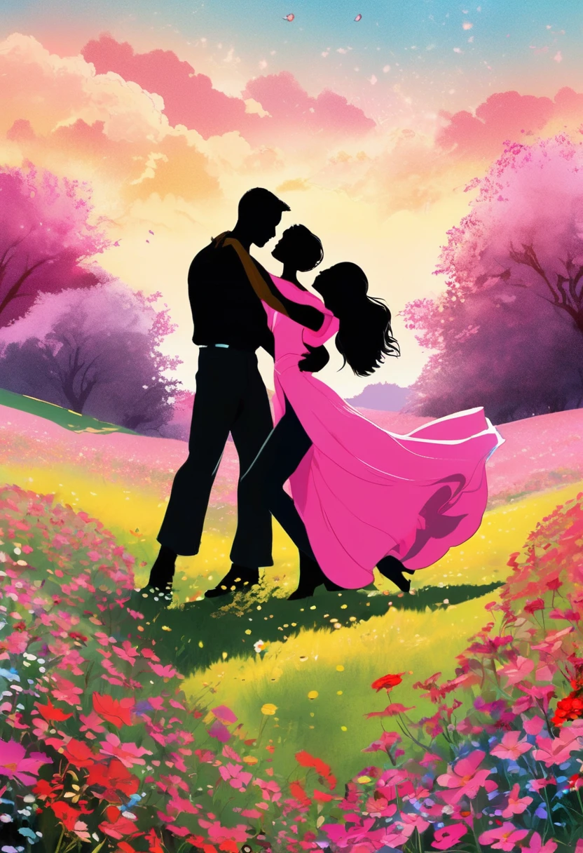 a black silhouette of a couple dancing in the middle of a pink flower meadow, romantic atmosphere, beautiful detailed couple, vivid colors, lush floral landscape, dramatic lighting, manga style, digital art, by Marshall Arisman, cover illustration, 70mm, 7 0 mm, 70 mm, book cover illustration, by Brigette Barrager, album cover, novel cover art for a book, art concept for a book cover, cover art, 7 feet tall,
