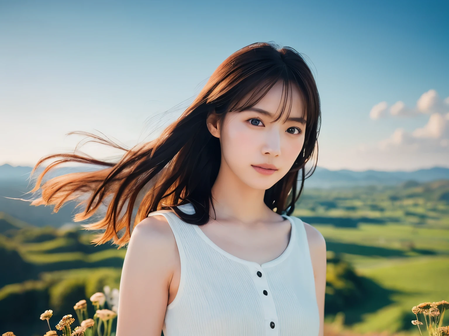 Top quality, 1 beautiful woman, Sunlight, ((masterpiece, Highest quality, High resolution)), (windy,floating hair:1.5), Surprised, 1 Japanese girl, (Realistic: 1.4), Great face, 15 years old, Medium Hair, (Beautiful Hair:1.5), one piece, Meadow and blue sky, (Top view:1.3), Smooth, Highly detailed CG composite 8K wallpaper, High resolutionのRAWカラー写真, Professional photography, Light, BackLight, dream-like, impressive, Written boundary depth