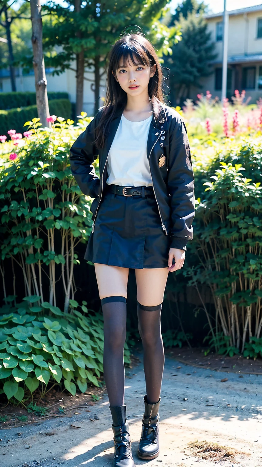 (8K、RAW Photos、Highest quality、masterpiece:1.2)、(Realistic、Realistic)、1 Girl、((Check mini skirt、Jacket、black、Thin legs、whole body、boots、one piece、tights、garden、View from the front、Looking into the camera、belt、Stand with hands on hips))、cute