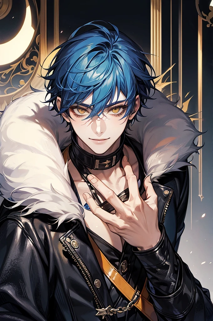 masterpiece, alone, 1 male, short hair, Blue Hair, Yellow Eyes, Black Leather, fur, Smile Facial