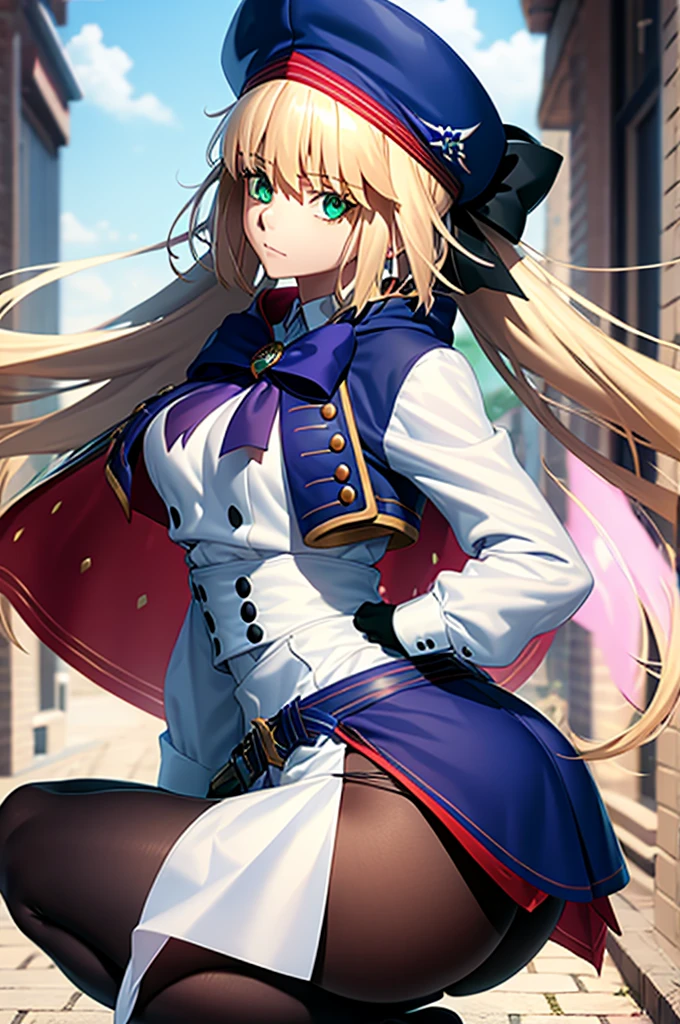 bbcaster, long hair, twintails, beret, blue headwear, green eyes, blue cape, bowtie, white dress, long sleeves, black gloves, buttons, double-breasted, blue belt, black pantyhose, masterpiece, best quality,1girl, breasts, solo, thicc, tight ass, ass grab, squat, looking at viewer, long leg thong, sexy