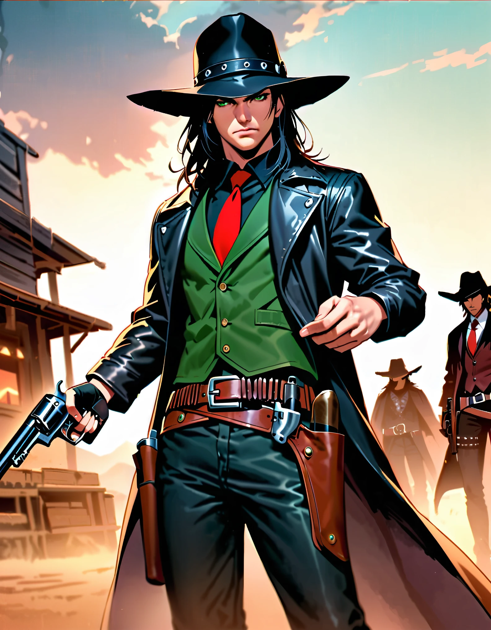 semi-realistic, solo, solo focus, 1 young black-haired man, (dark green vest), serious look, 1 man, green eyes, full body shot, cowboy bounty hunter on modern setting, cowboy shot, (black hat), (black shirt, red necktie, long black coat), fingerless gloves, black pants, belt buckle, shoes, serious look, (holding gun, Colt revolver handgun, finger on trigger), spaghetti western atmosphere