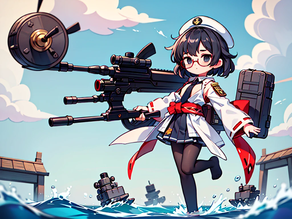 (((masterpiece, Vision))), ((((Full body of a woman with perfect flat chest、1 Female、solo、Short unkempt black hair、Tie your messy hair at the nape of your neck、white military jacket、Miko costume、black tights、Black glasses、White military cap、Cloudy black eyes、Confused eyes、Junyo-inspired emblem)))), (((Shipgirl))), ((Floating on the morning sea with both feet)), (Standing with your legs apart)), Aim, (Hold the shotgun turret grip with your right hand), (Equipped with a large caliber turret with a mechanical arm extending from the waist), (Equipped with a bridge on the back), (His left arm holds the grip of a triple machine gun), Shotgun shell in left arm, Bullet belt on thigh, Spreading the Machine's Wings, 2. Machine Tail, Naval base in the background,