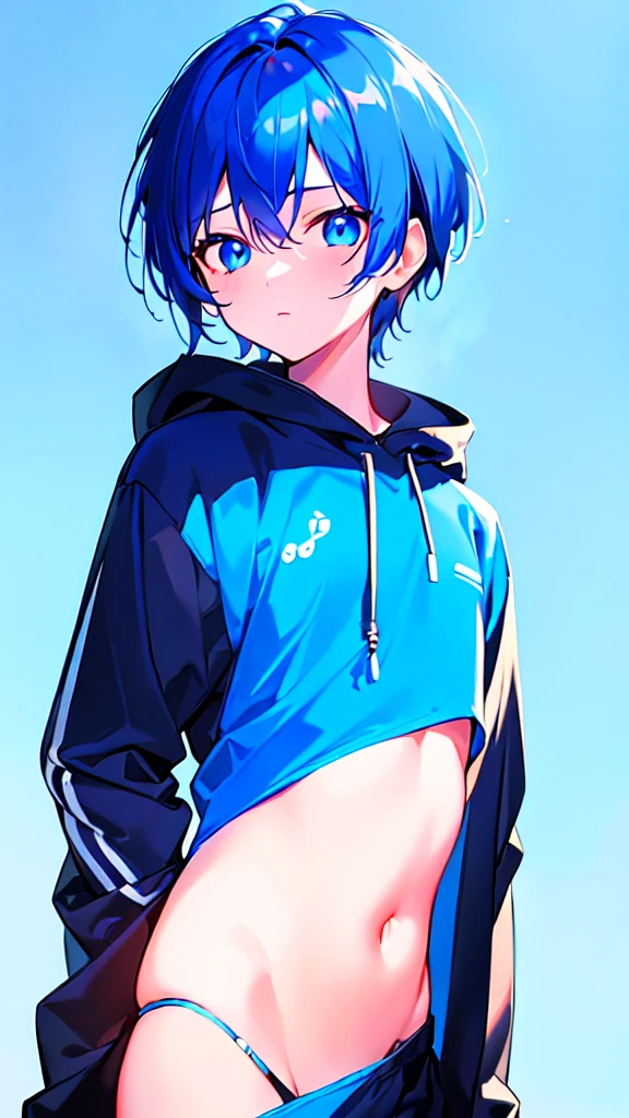[(SKYBLUE BACKGROUND:1.5),::5], ((((masterpiece)))), high quality, ultra very high resolution, full color, (((solo))), (()), oriental deepBlue hair, (oriental deepblue eyes), anime, ((upper body)), Summer clothes, neon light, black parka, 
