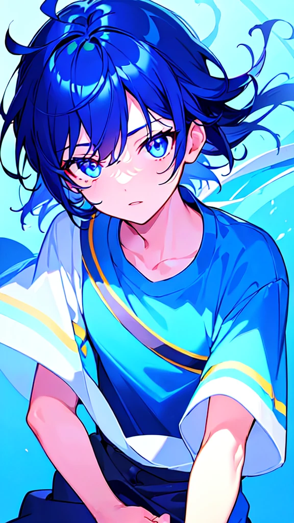 [(SKYBLUE BACKGROUND:1.5),::5], ((((masterpiece)))), high quality, ultra very high resolution, full color, (((solo))), ((little boy)), oriental deepBlue hair, (oriental deepblue eyes), anime, ((upper body)), Summer clothes, neon light, black parka, 