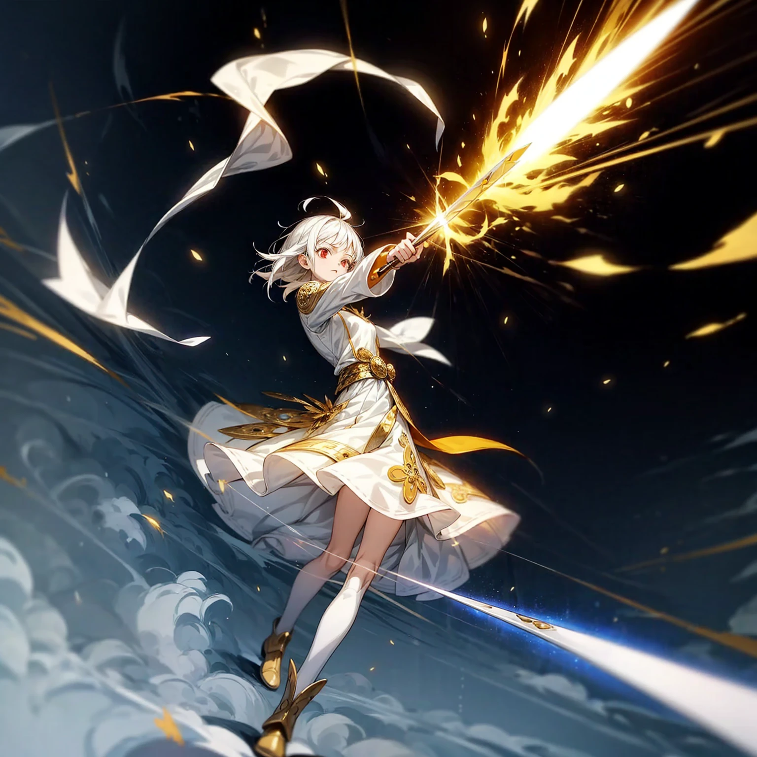 1girl, Full body version, 1character, light red eyes color, white skin, short hairstyle, white colour hair, templar knight silver style clothing, Long skirt, long socks, long boots, (gold knife in hand), gold Shield in hand, full background, Grassroots background in village, motion blur, shadow, battle gesture, smoke effect, lighting effect, lighting knife, aura, plasma effect, (one piece style art)
