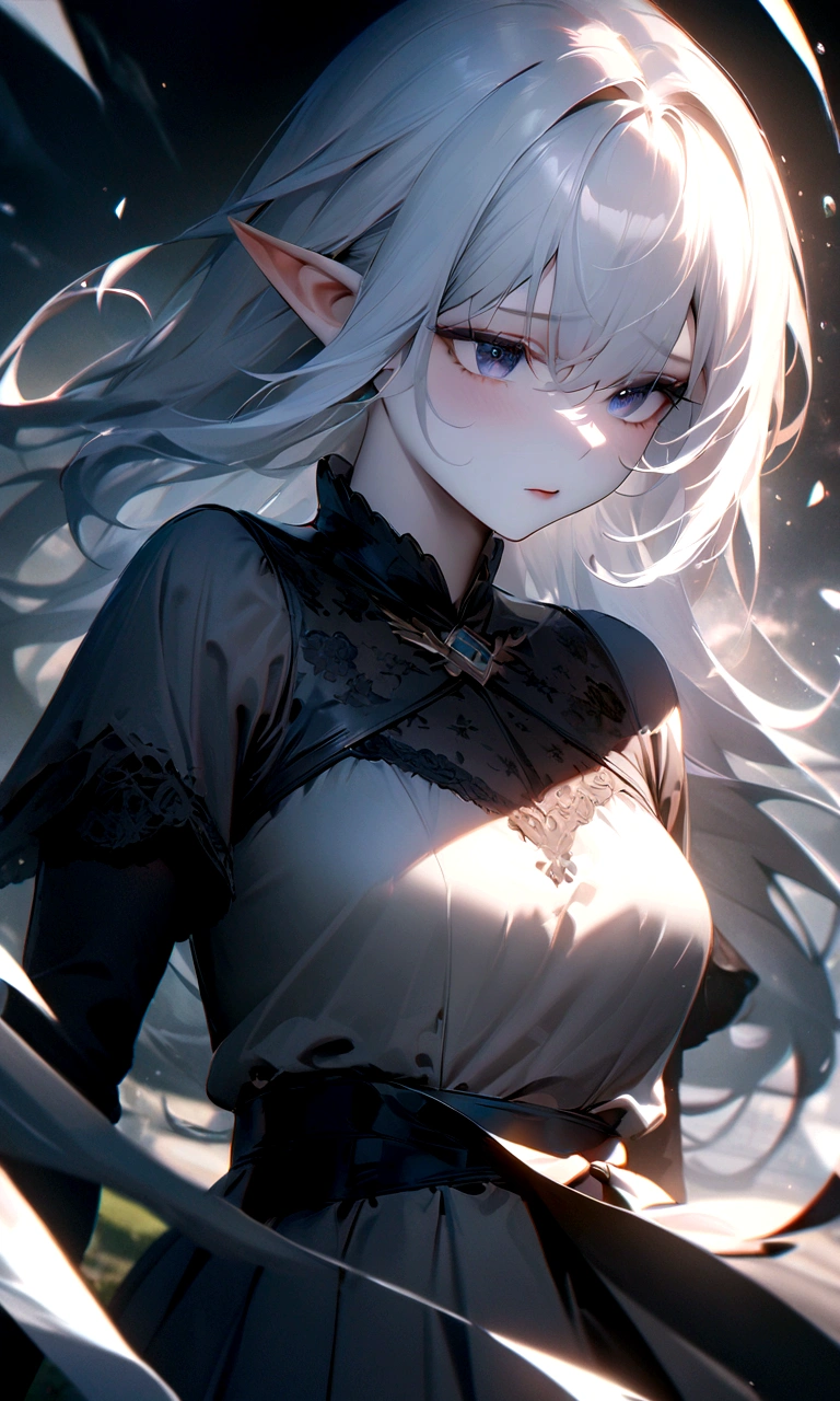 quality\(masterpiece, best quality,8k,wallpaper of extremely detailed CG unit,hight resolution,top-quality,top-quality real texture skin,hyper realisitic,increase the resolution,RAW photos,best qualtiy,highly detailed,the wallpaper\), BREAK ,1girl\(long white hair, dark blue eyes,elf, pale skin, dark circles under her eyes\),(dress on wind)