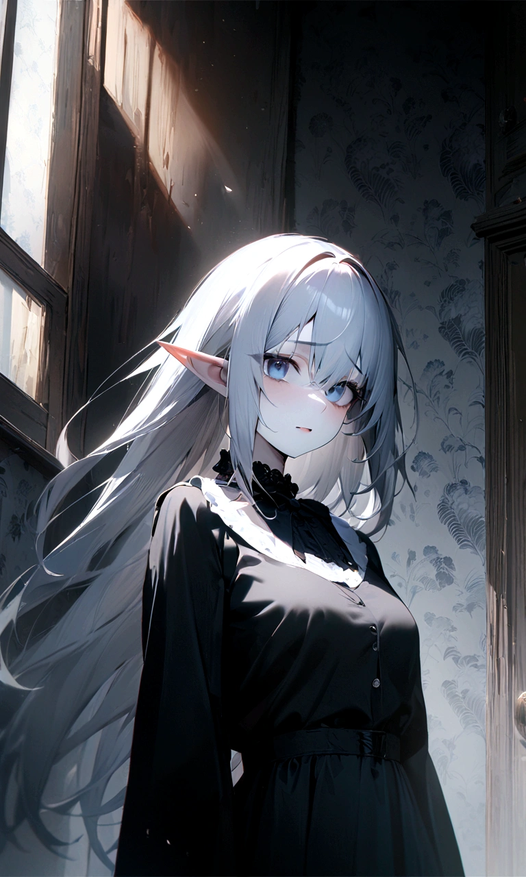 quality\(masterpiece, best quality,8k,wallpaper of extremely detailed CG unit,hight resolution,top-quality,top-quality real texture skin,hyper realisitic,increase the resolution,RAW photos,best qualtiy,highly detailed,the wallpaper\), BREAK ,1girl\(long white hair, dark blue eyes,elf, pale skin, dark circles under her eyes\),(dress on wind)