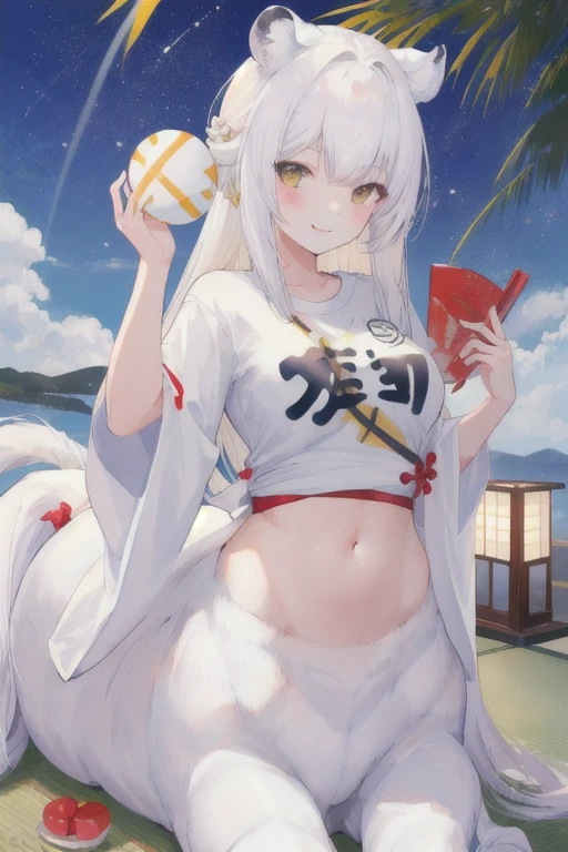 (best quality, masterpiece), 1 girl, centaur, It takes,Japanese ,smiley face,exposing the abdomen, belly button t-shirt,아름다운 소녀 perfect white tiger photo, perfect white tiger photo