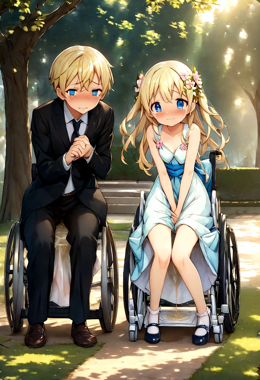 Anime. 1 girl. Baby. Princess. Blonde. Long hair. Blue eyes. Beautiful eyes. Perfect eyes. Expressive eyes. Eyes covered with a faded film. Blind eyes. Blind. Ideal face. Ideal anatomical body. Beautiful long legs. Beautiful body. Beautiful nose. 12 years old. Embarrassment. Blush. Beautiful character design. Shiny skin. Light white dress. Shoes. Hair decorations. Disabled person. Paralytic. Sitting. Wheelchair. Hands on crotch. Urinary incontinence. Wants to pee. She needs to pee. She has a strong, desperate urge to pee. He squeezes his crotch tightly. Rubs copper. Slight lean forward. She peed herself. Fantasy city. A park. Date. He takes off his wet panties. Tears in my eyes. Cry. Snot flows from the nose. Full body. nsfw. Official art. Extremely detailed CG Unity 8k wallpaper. Ideal lighting. Ultra high resolution 4K. Super detailed 8K. A high resolution.