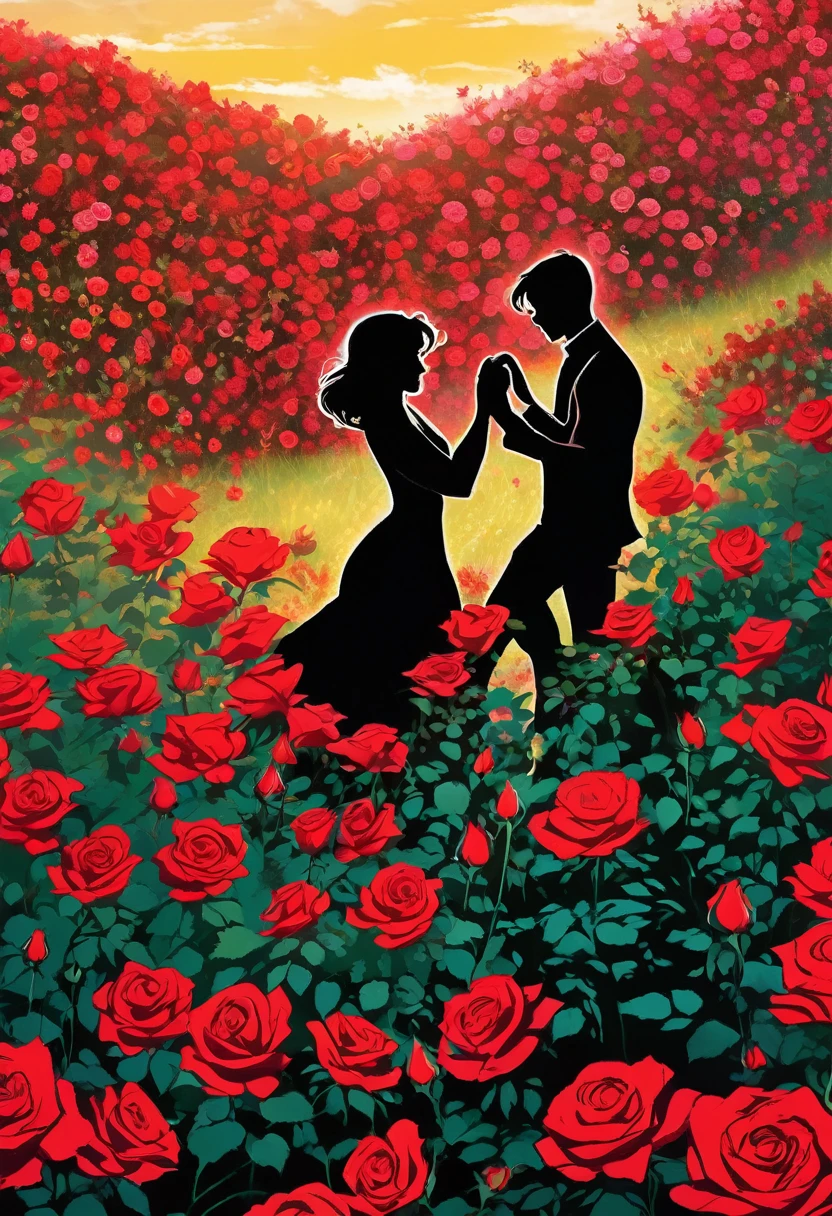 a black silhouette of a couple dancing in the middle of a red rose flower meadow, romantic atmosphere, beautiful detailed couple, vivid colors, lush floral landscape, dramatic lighting, manga style, digital art, by Marshall Arisman, cover illustration, 70mm, 7 0 mm, 70 mm, book cover illustration, by Brigette Barrager, album cover, novel cover art for a book, art concept for a book cover, cover art, 7 feet tall,