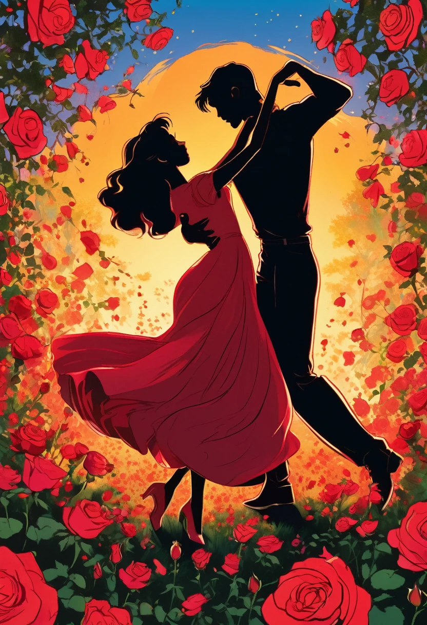 a black silhouette of a couple dancing in the middle of a red rose flower meadow, romantic atmosphere, beautiful detailed couple, vivid colors, lush floral landscape, dramatic lighting, manga style, digital art, by Marshall Arisman, cover illustration, 70mm, 7 0 mm, 70 mm, book cover illustration, by Brigette Barrager, album cover, novel cover art for a book, art concept for a book cover, cover art, 7 feet tall,