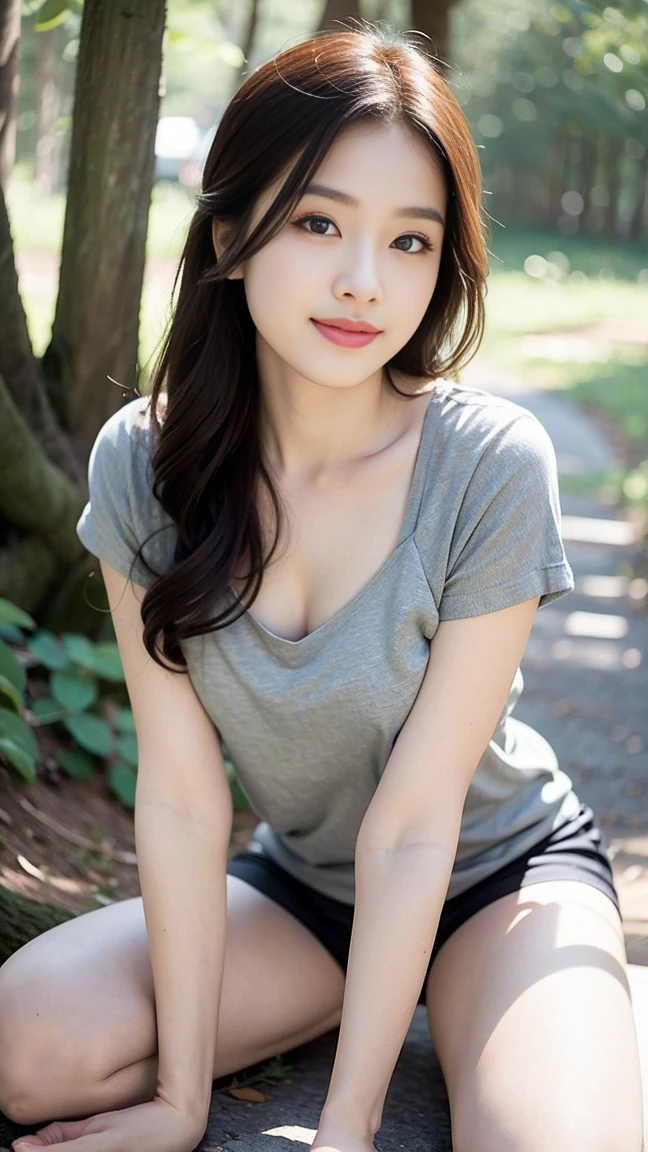 masterpiece, best quality, Surreal, Ultra Detailed, 8k resolution, RAW photos, Clear focus, (A girl in the forest), ((light gray shirt:1.1)),  Short sleeve, sports Shorts,Full body posture, Solitary, Perfect body, Become a, Bangs to eyebrows、Beautiful brown hair、Beautiful and delicate eyes、Brown eyes、Raise an eyebrow、High Nose、Small nostril、Little mouth、Tempting lips、Mouth slightly open、Beautiful breasts、Full body、Oval face, Both eyes, Both eyes皮, Long eyebrows, Long eyelashes, A faint smile,The legs are slender and slender,Incredibly sexy，perfect proportions perfect proportions、Perfect Anatomy、Perfect composition、32 inches in the chest,(a charming smile:1), (sexy pose)，26 years old, light,White shoes