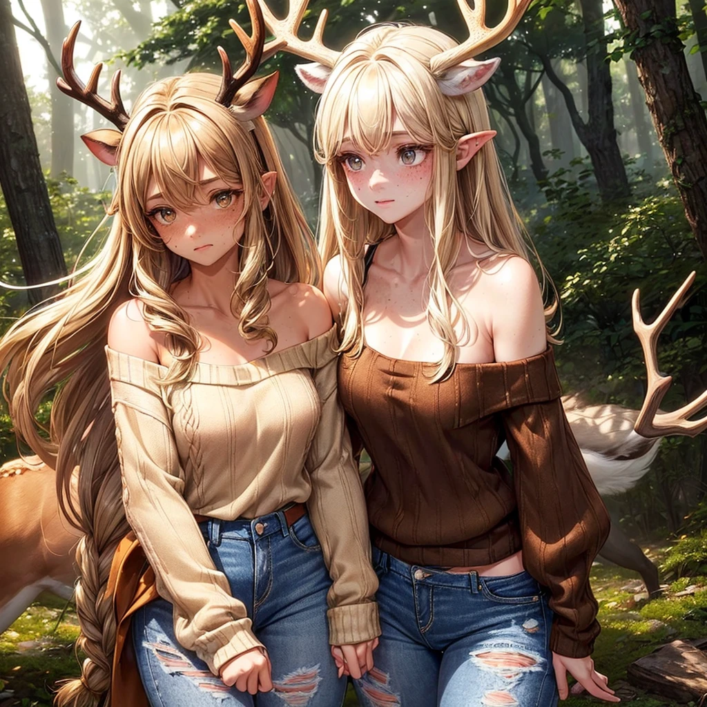 ((1 female, , doe eyes, brown colored eyes, soft blonde hair, deer antlers, shy, in forest, freckles, brown off the shoulder sweater, ripped jeans, skinny, blushing))