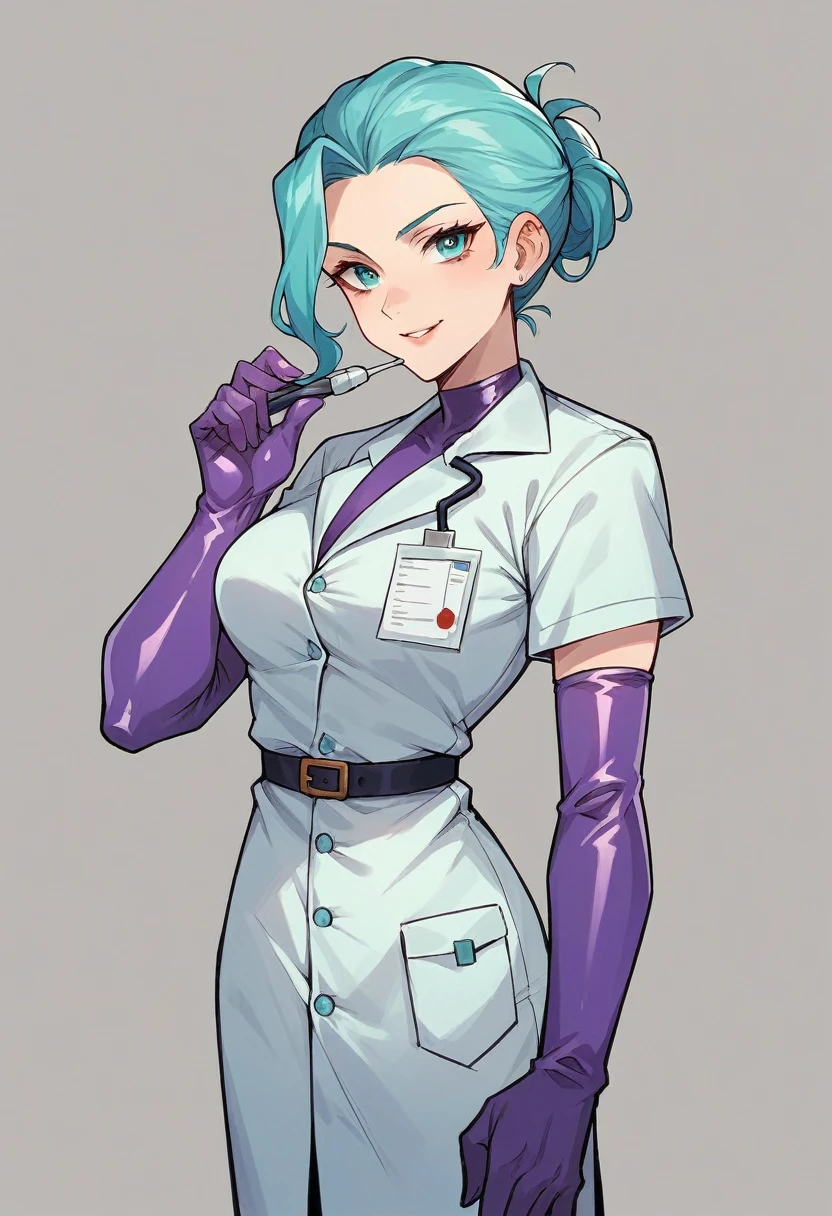 1girl, ((purple elbow gloves)), ((surgical gloves)), ((latex gloves)), ((long sleeves)) ((cyan surgeon outfit)), looking at viewer, ((doctor)), standing, solo