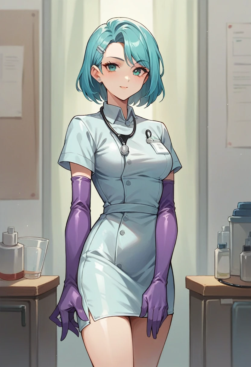 1girl, ((purple elbow gloves)), ((surgical gloves)), ((latex gloves)), ((long sleeves)) ((cyan surgeon outfit)), looking at viewer, ((doctor)), standing, solo