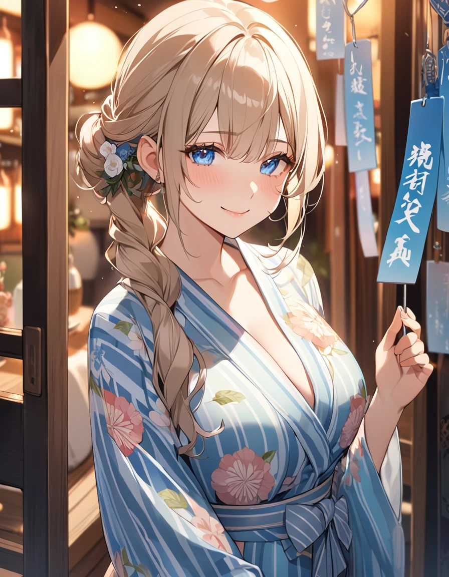 (Highest qualityのイラスト:1.2), (cute女の子:1.1), (1 girl、17 years old、Highest qualityのイラスト:1.2), (1 girl、Kind eyes、blue eyes:1.2)、Blonde、Semi-long hair、Mature、Larger breasts、(Highest quality、Very detailed、cute、Ultra-high resolution) 、Yukata、smile、night、Tanabata、Strip