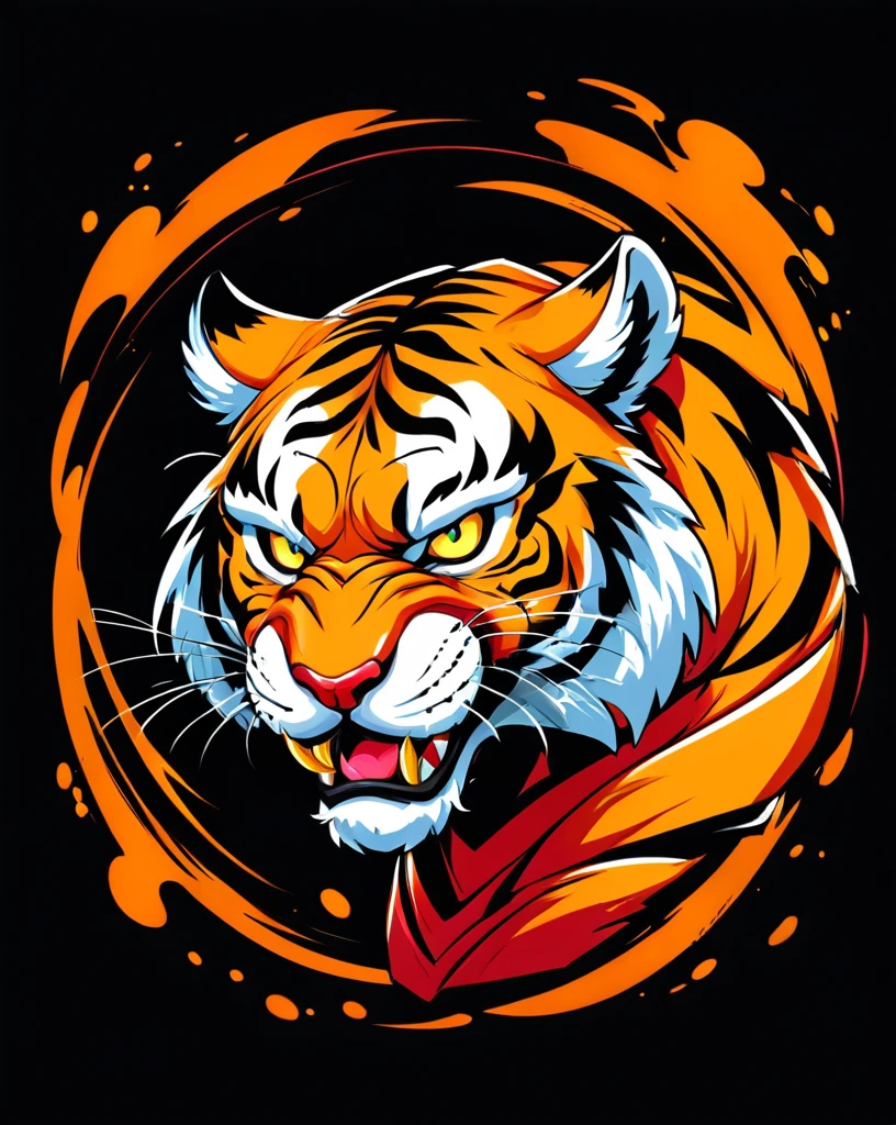Fighting game style tiger head, Hip-Hop Style, t shirt design, flat-colors, vectorial art, ((black backdrop)) . dynamic, Vibrant, full of action, detailed character design, reminiscent of fighting video games