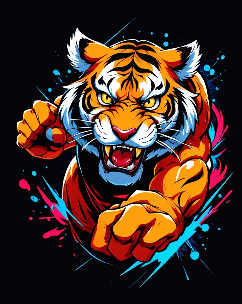 Fighting game style tiger head, Hip-Hop Style, t shirt design, flat-colors, vectorial art, ((black backdrop)) . dynamic, Vibrant, full of action, detailed character design, reminiscent of fighting video games