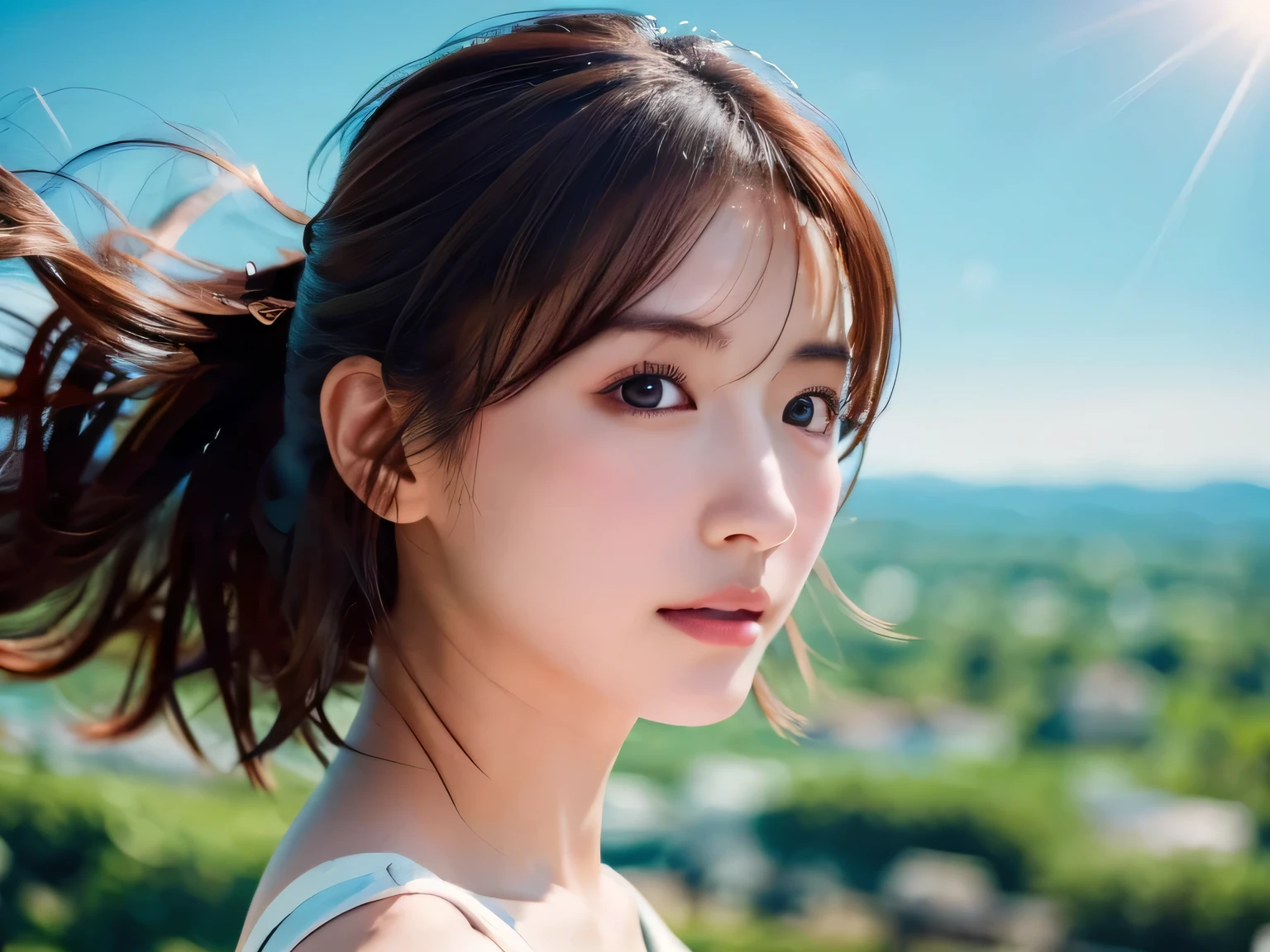 Top quality, 1 beautiful woman, Sunlight, ((masterpiece, Highest quality, High resolution)), (windy,floating hair:1.5), Surprised, 1 Japanese girl, (Realistic: 1.4), Great face, 15 years old, Medium Hair, (Beautiful Hair:1.5), one piece, Meadow and blue sky, (Top view:1.3), Smooth, Highly detailed CG composite 8K wallpaper, High resolution RAW color photos, Professional photography, Light, BackLight, dream-like, impressive, Written boundary depth