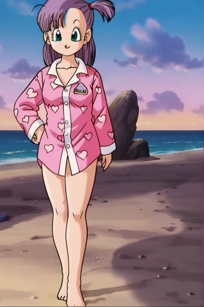 source_anime, score_9, score_8_up, score_7_up, anime screencap,
bulma, 1girl, solo, looking at viewer, smile, sunset, beach, green eyes, standing, full body, purple hair, heart, barefoot, hand on hip, one side up, pajamas, heart print, pink pajamas, clothes writing,revealing breast,nude body, little tits,
 