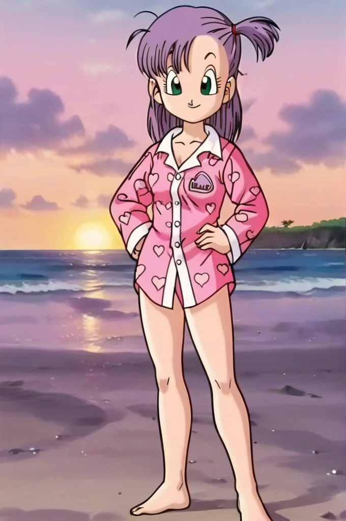 source_anime, score_9, score_8_up, score_7_up, anime screencap,
bulma, 1girl, solo, looking at viewer, smile, sunset, beach, green eyes, standing, full body, purple hair, heart, barefoot, hand on hip, one side up, pajamas, heart print, pink pajamas, clothes writing,revealing breast,nude body, little tits,