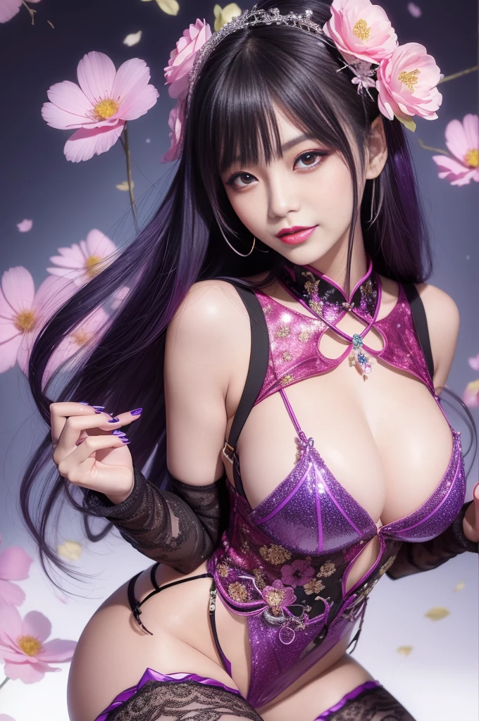 sexy Japanese model who controls poison、beautiful smile、lipgloss、bold lipstick、intense makeup、look at the camera、full body Esbian、、sparkling poisoned flower costume、、、、sparkling Colorful hair、secrete poison、skull hair accessories、sexy tights、shiny sparkling flowers background