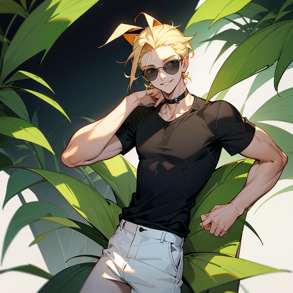 Black T-shirt, white shorts, blonde hair slicked back, sunglasses on head, dog ears, tail, blue slanted eyes, smiling, plant, young man