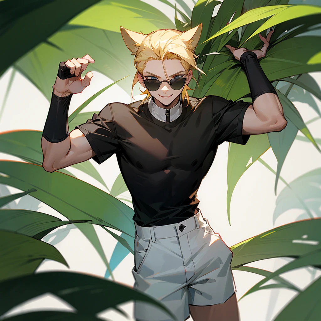 Black T-shirt, white shorts, blonde hair slicked back, sunglasses on head, dog ears, tail, blue slanted eyes, smiling, plant, young man
