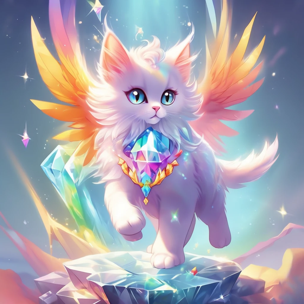 Crystal and cat fusion。A fluffy cat。Wings are transparent crystal。shine。Jump。Flying in the sky。Rainbow colors。bright。fun。Fairy。Lake and Crystal。mineral。Quadrupedal。Fantasy。Transparency。Crystal clusters。Round Gemstones。