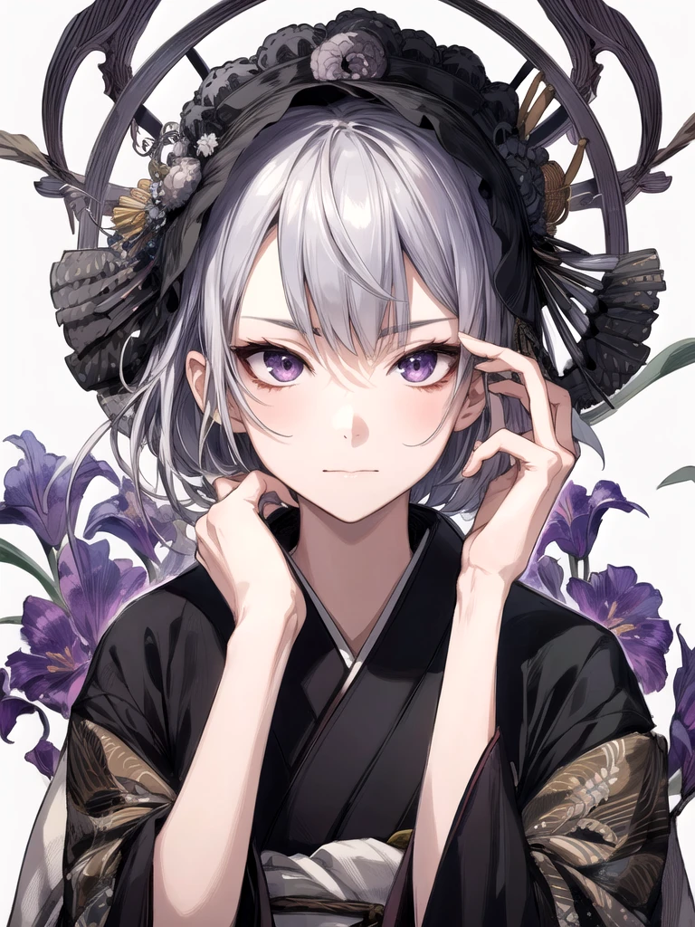 1 person, Face Focus, [[[[[[[elder]]]]]]], frontage,[[[Character Portrait]]],[[[[Lesbians all over]]]],kimono、Black、Highest quality, adopt, Detailed face, Simple Background、White Background、[[[Gray Hair]]]、[[[iris]]]、Calm face