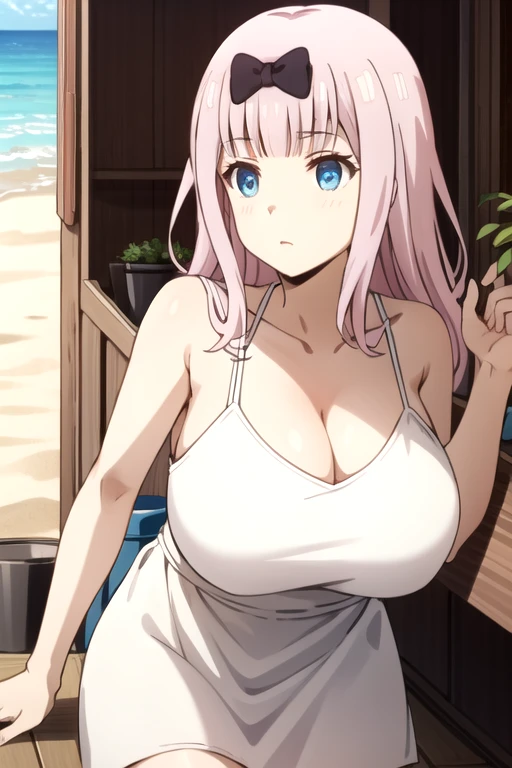 expensive body, expensive, Long legs, mature female, mature, Adult, close, Portraiture. alone. Blurred Background,White camisole dress、At the Beach、
it is_color_chika, One Girl, fujiwara chika, blue eyes, alone, bow, hair bow, Pink Hair, , bangs, View your audience, Long Hair, blunt bangs, clavicle, The whole body is visible、Huge breasts:1.5、Cleavage:1.5