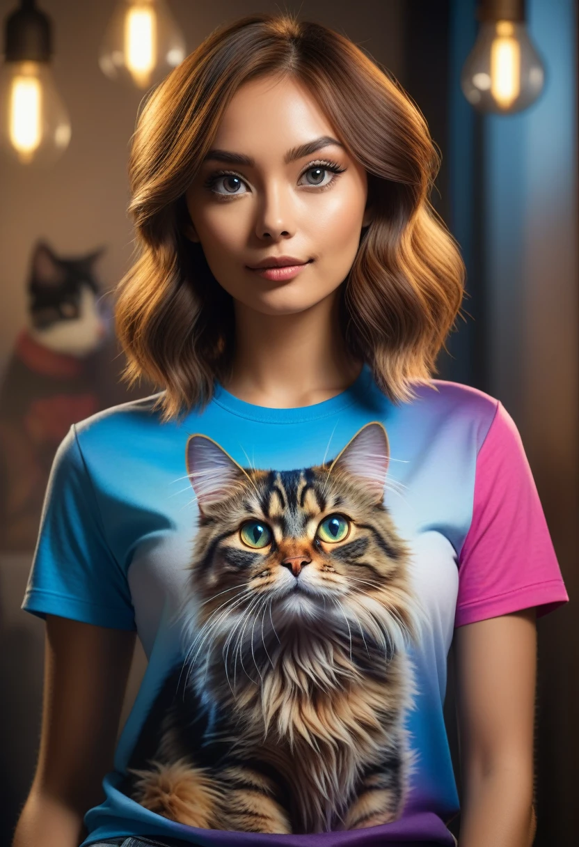a dog in human form wearing a t-shirt with a cat design, highly detailed, beautiful, photorealistic, 8k, hyperrealistic, studio lighting, dramatic lighting, dynamic pose, expressive eyes and face, lush fur, intricate details, vibrant colors, seamless blending, cinematic composition, masterpiece