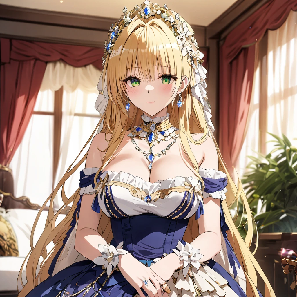 ((Highest quality)), ((masterpiece)), (detailed), (Perfect Face)、The woman is Tiare, has green eyes, medium-long blonde hair, and is wearing an engagement ring.、The woman is wearing a gorgeous, dazzling Rococo Victorian dress, a gorgeous see-through cape and a sequined skirt, a gorgeous jeweled head dress chain, gorgeous jeweled earrings, and other gorgeous, glittering accessories, and is in a luxurious room with a dignified, bearded, elderly man.、The man is a dignified, bearded old man, very wealthy and wearing an engagement ring.