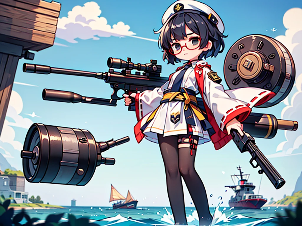 (((masterpiece, Vision))), ((((Full body of a woman with perfect flat chest、1 Female、solo、Short unkempt black hair、Tie your messy hair at the nape of your neck、white military jacket、Miko costume、black tights、Black glasses、White military cap、Cloudy black eyes、Confused eyes、Junyo-inspired emblem)))), (((Shipgirl))), ((Floating on the morning sea with both feet)), (Standing with your legs apart)), Aim, (Hold the shotgun turret grip with your right hand), (Equipped with a large caliber turret with a mechanical arm extending from the waist), (Equipped with a bridge on the back), (His left arm holds the grip of a triple machine gun), Shotgun shell in left arm, Bullet belt on thigh, Spreading the Machine&#39;s Wings, 2. Machine Tail, Naval base in the background, 